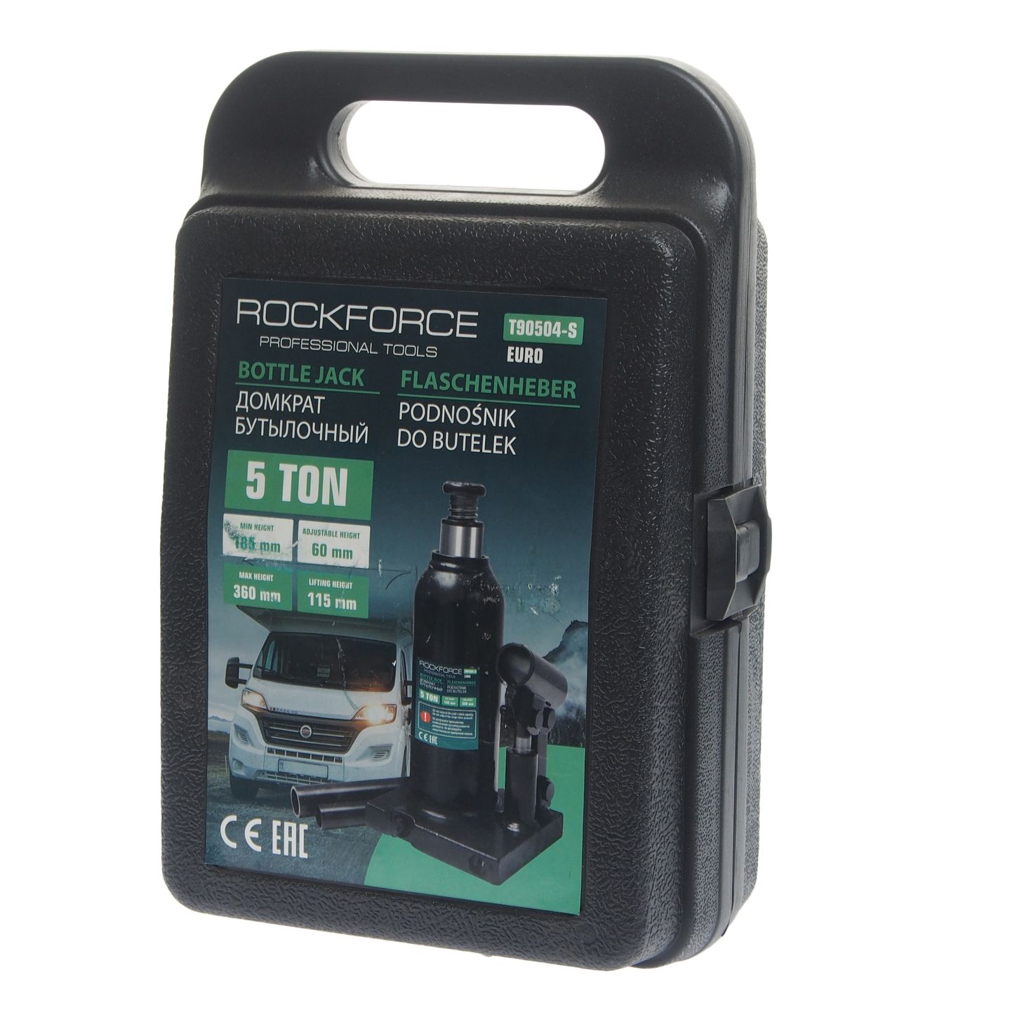 Домкрат гидравлический RF-T90504S-EURO бутылочный с клапаном 5т (выс.подъема 185-360мм) в кейсе ROCKFORCE /1/4
