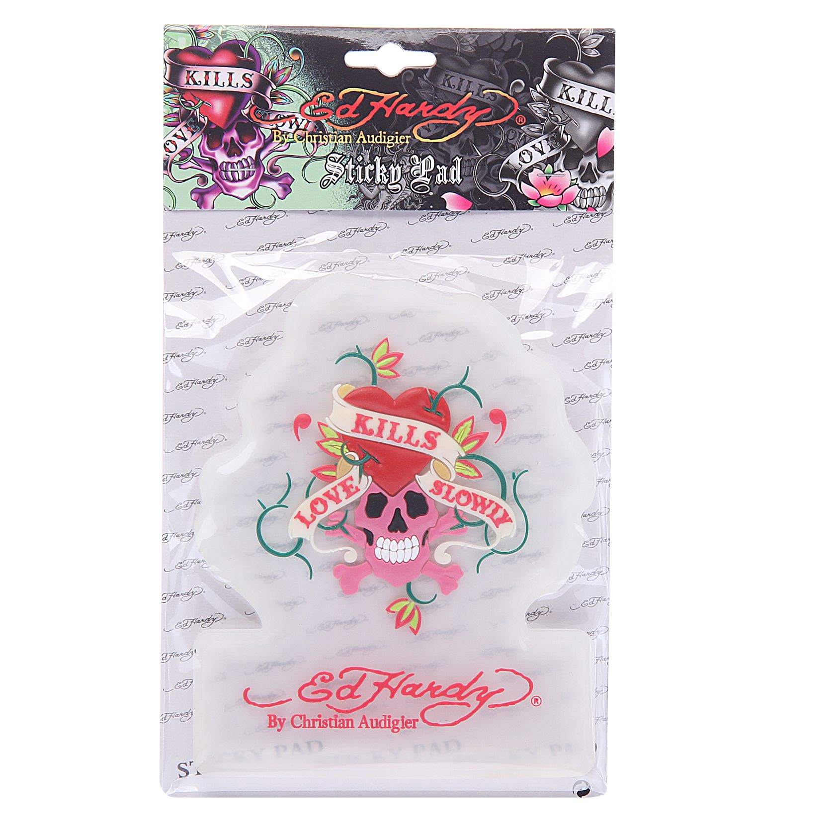 Коврик антискатный EH-00128T "LOVE KILLS SLOWLY" CLEAR на панель приборов 17х13см ED HARDY (США) /1/16