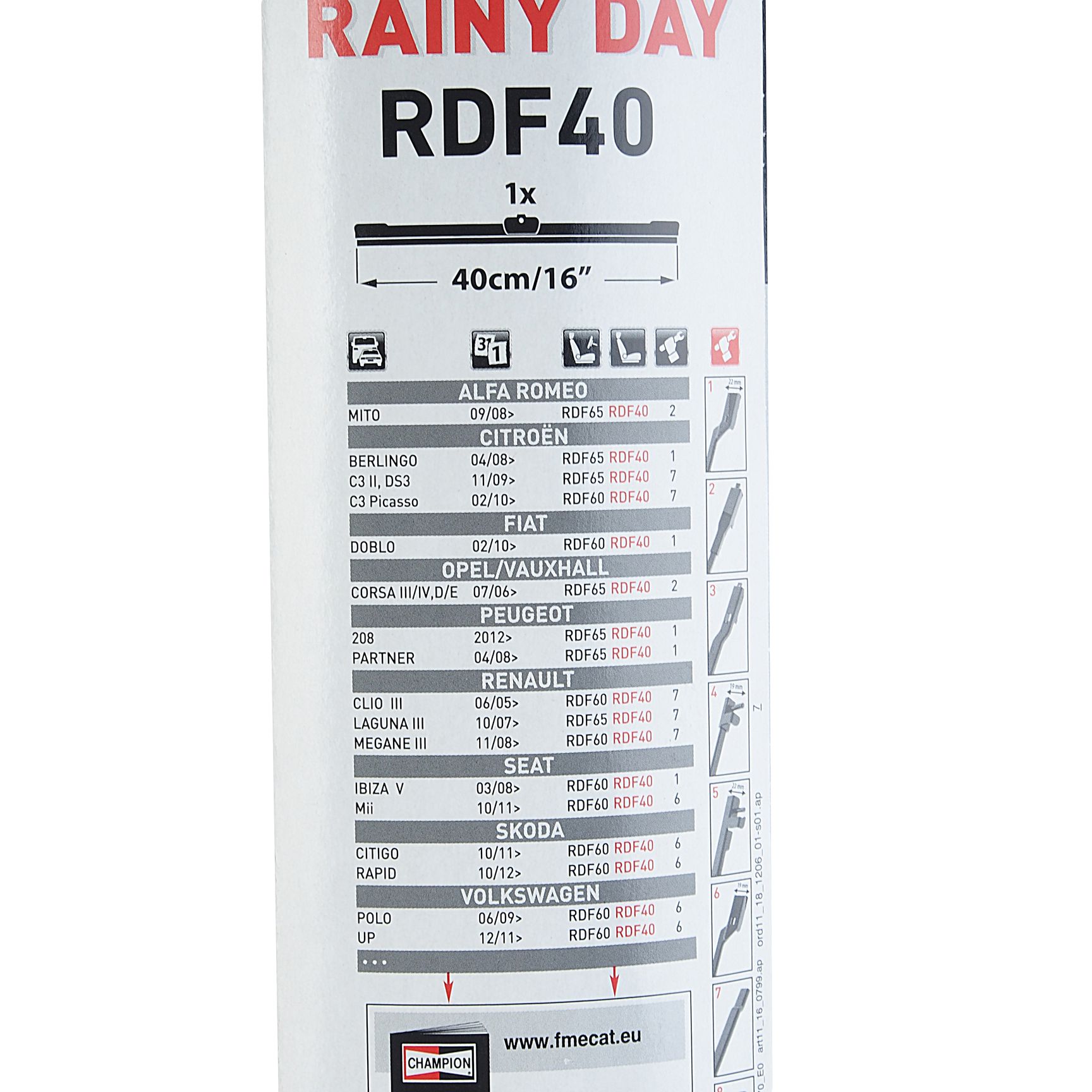 Щетка стеклоочистителя RDF40-B01 "Rainy Day Flat" бескаркасная 400мм (16") Multi Clip CHAMPION /1