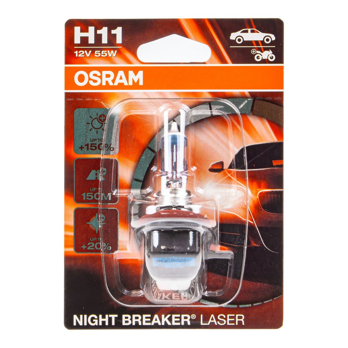 Автолампа H11 (55) PGJ19-2+150% NIGHT BREAKER LASER  3750K (блистер) 12V OSRAM /1/10