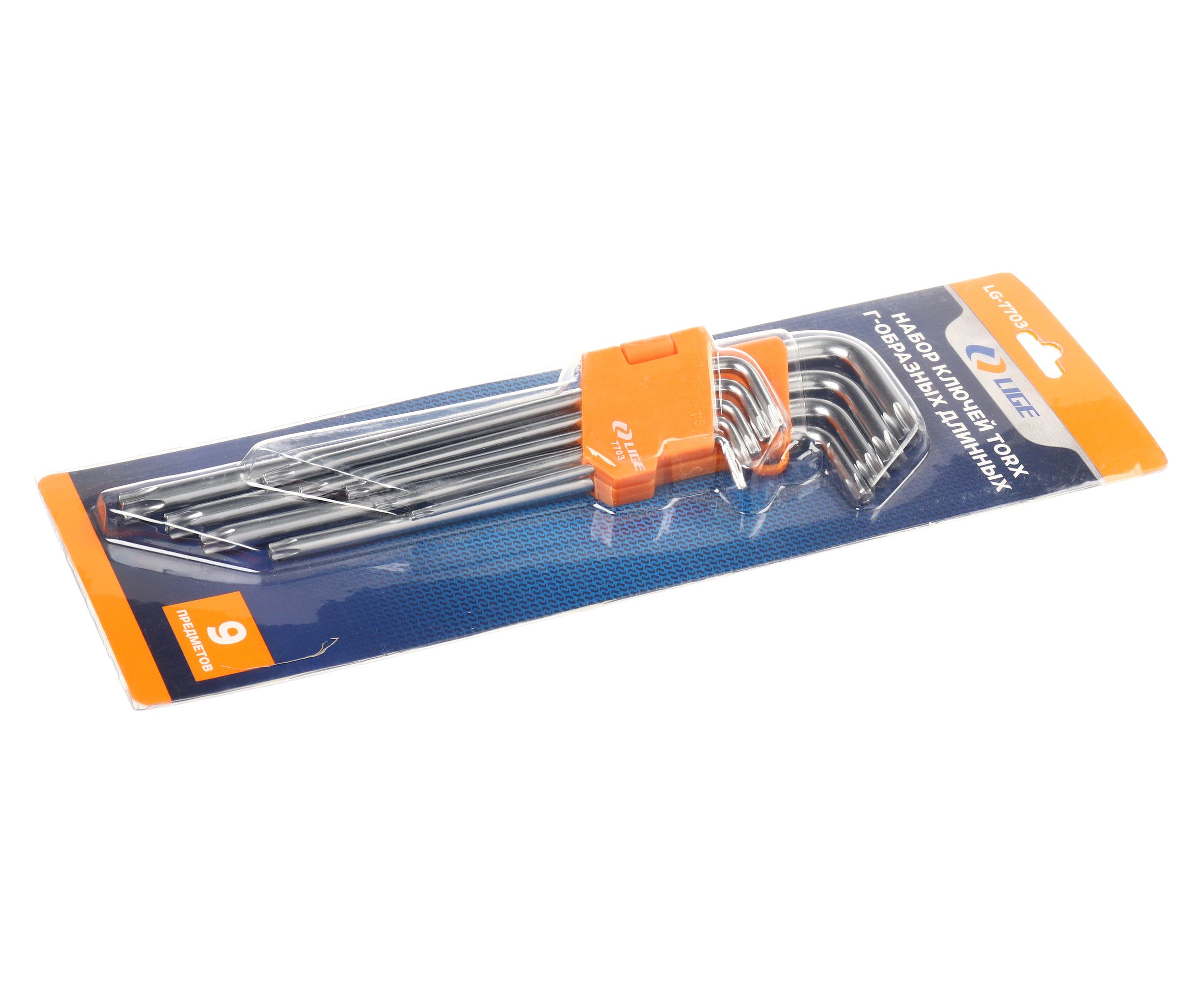 Набор ключей TORX Г-образных длинных 9пр. (T10H,T15H,T20H,T25H,T27H,T30H,T40H,T45H,T50H) в пластиковом держателе LG-7703 LIGE /1/30 NEW