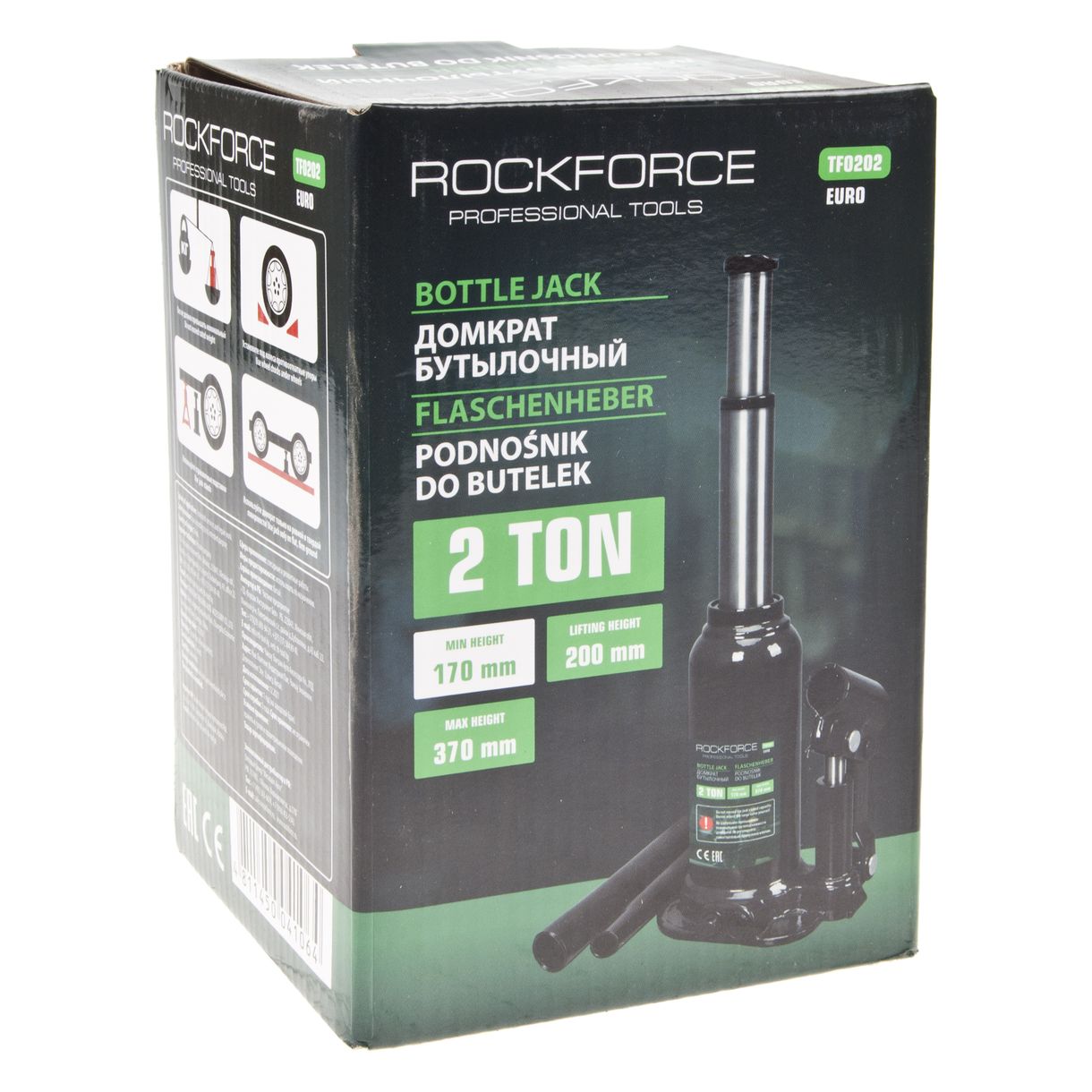 Домкрат гидравлический RF-TF0202EURO бутылочный с двумя штоками и клапаном 2т (выс.подъема 170-370мм) ROCKFORCE /1/6