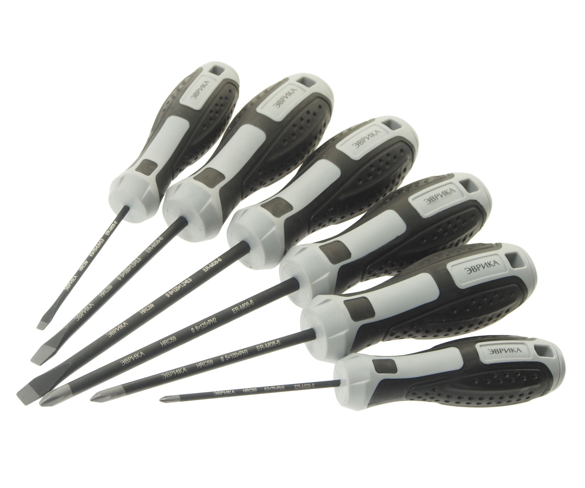 Набор отверток ER-M08-6  SL3.5x75 Ø3, SL5.5x100 Ø5, SL6.5x125 Ø6; PH0x75 Ø3, PH1x100 Ø5, PH2x125 Ø6, стержень S2, 6 предметов HRC≥59 ЭВРИКА /1/12 NEW