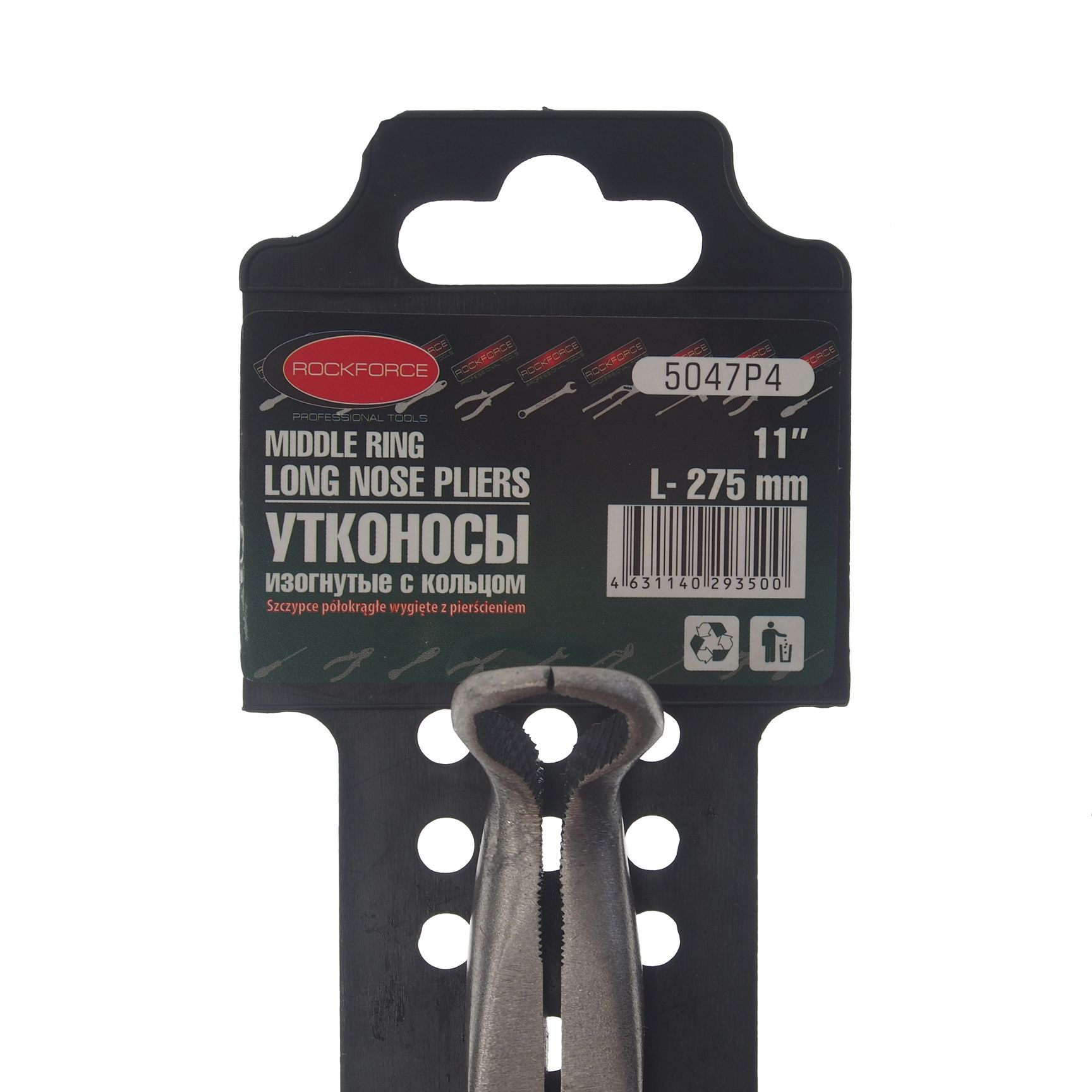 Щипцы RF-5047P4 с закругленными губками и удлиненными рукоятками 75° CR-V 11"-275мм (захват 13мм), на пластиковом держателе ROCKFORCE /1/