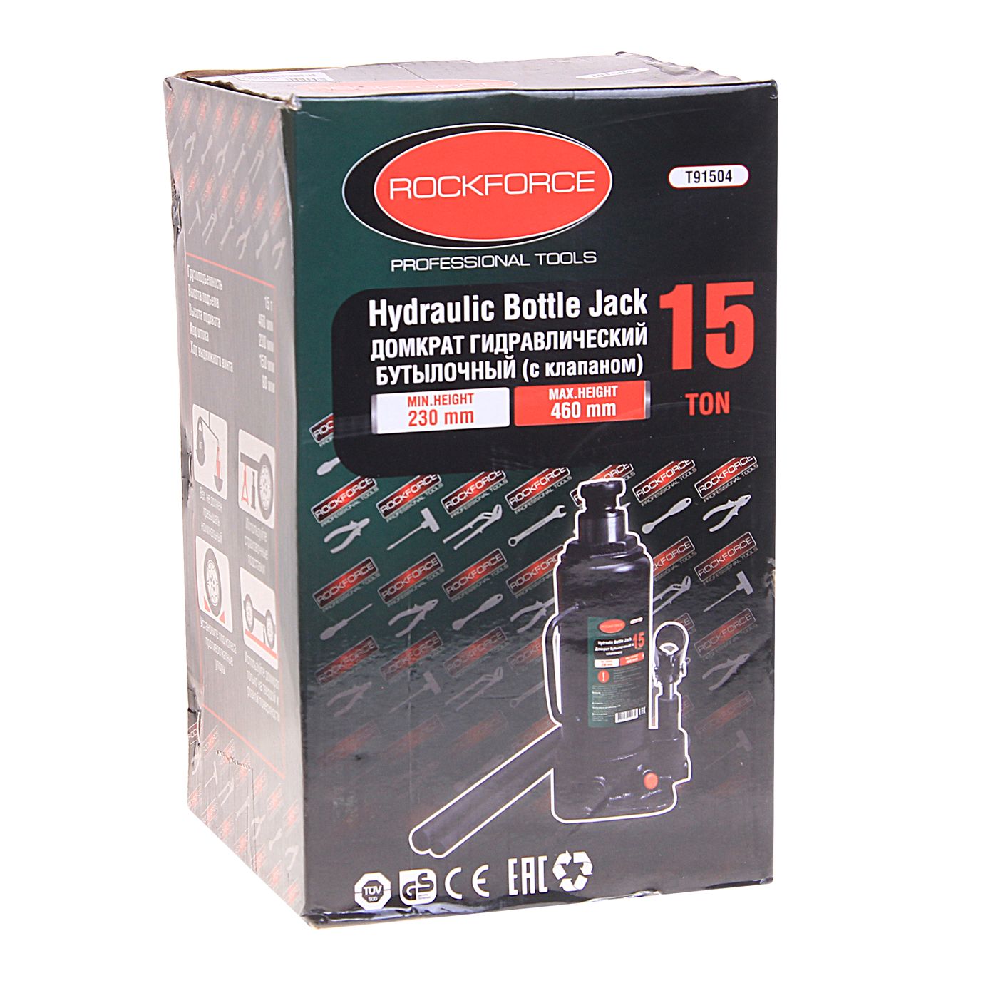 Домкрат гидравлический RF-T91504 бутылочный с клапаном 15т (выс.подъема 230-460мм) ROCKFORCE /1/2