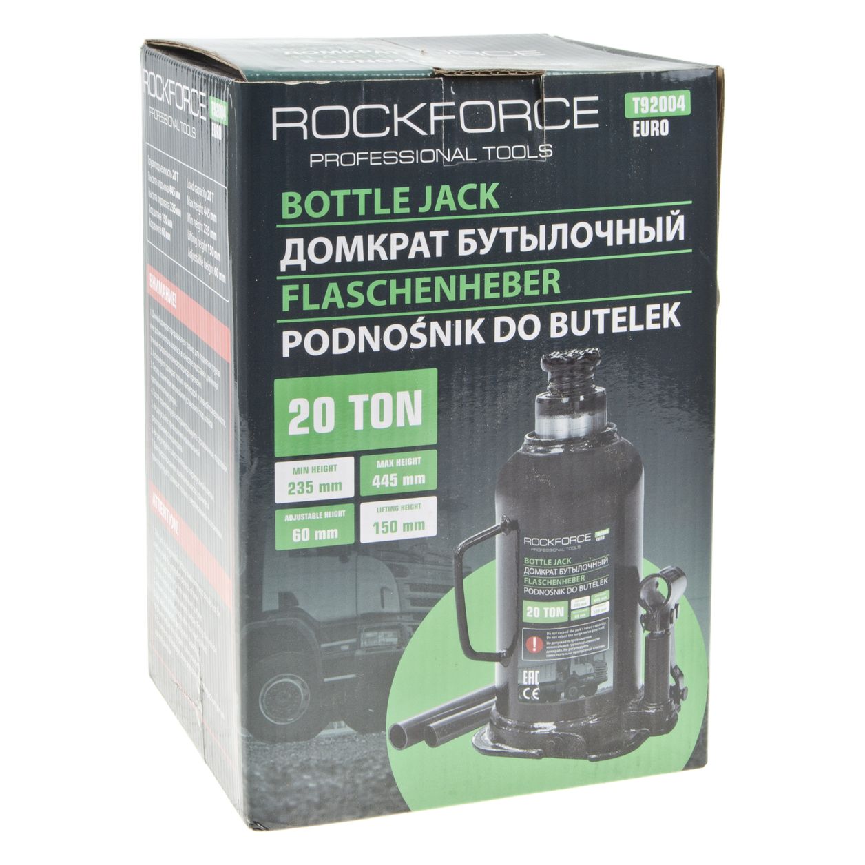 Домкрат RF-T92004EURO бутылочный 20т низкопрофильный (высота подхвата - 235мм, высота подъема - 445мм, ход штока - 210мм) ROCKFORCE /1