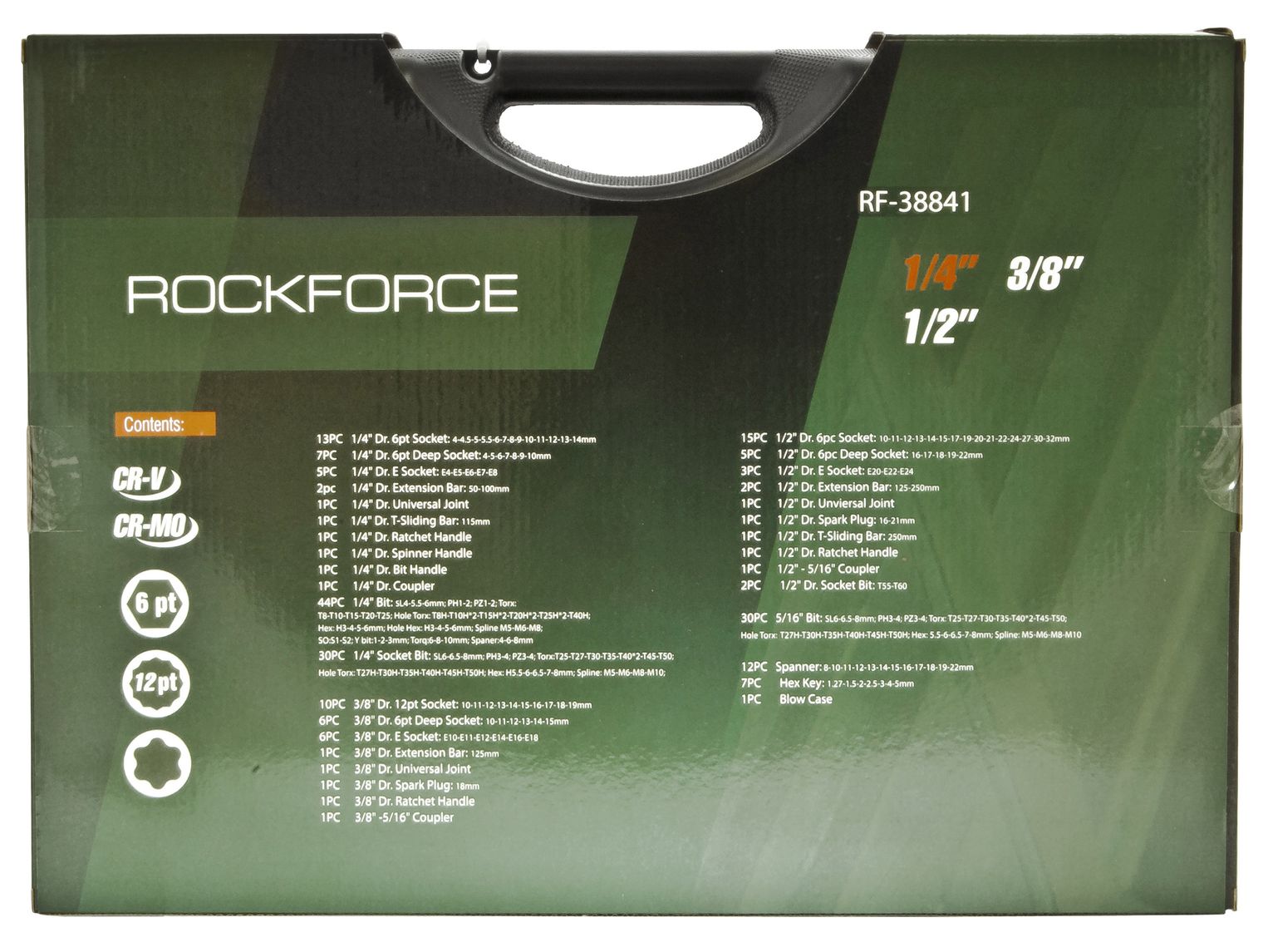 Набор инструмента RF-38841: 1/2"&1/4"&3/8"DR с 6-гранными головками 216пр. ROCKFORCE /1/2