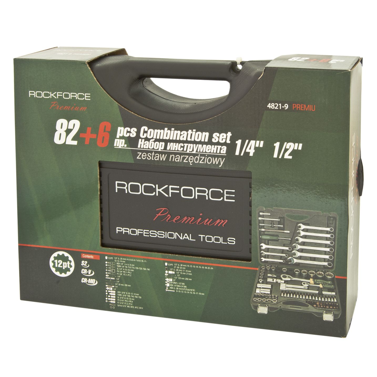 Набор инструмента RF-4821-9-PREMIUM: 1/2" & 1/4"DR 12-гранный 82пр + 6пр. ROCKFORCE /1/3