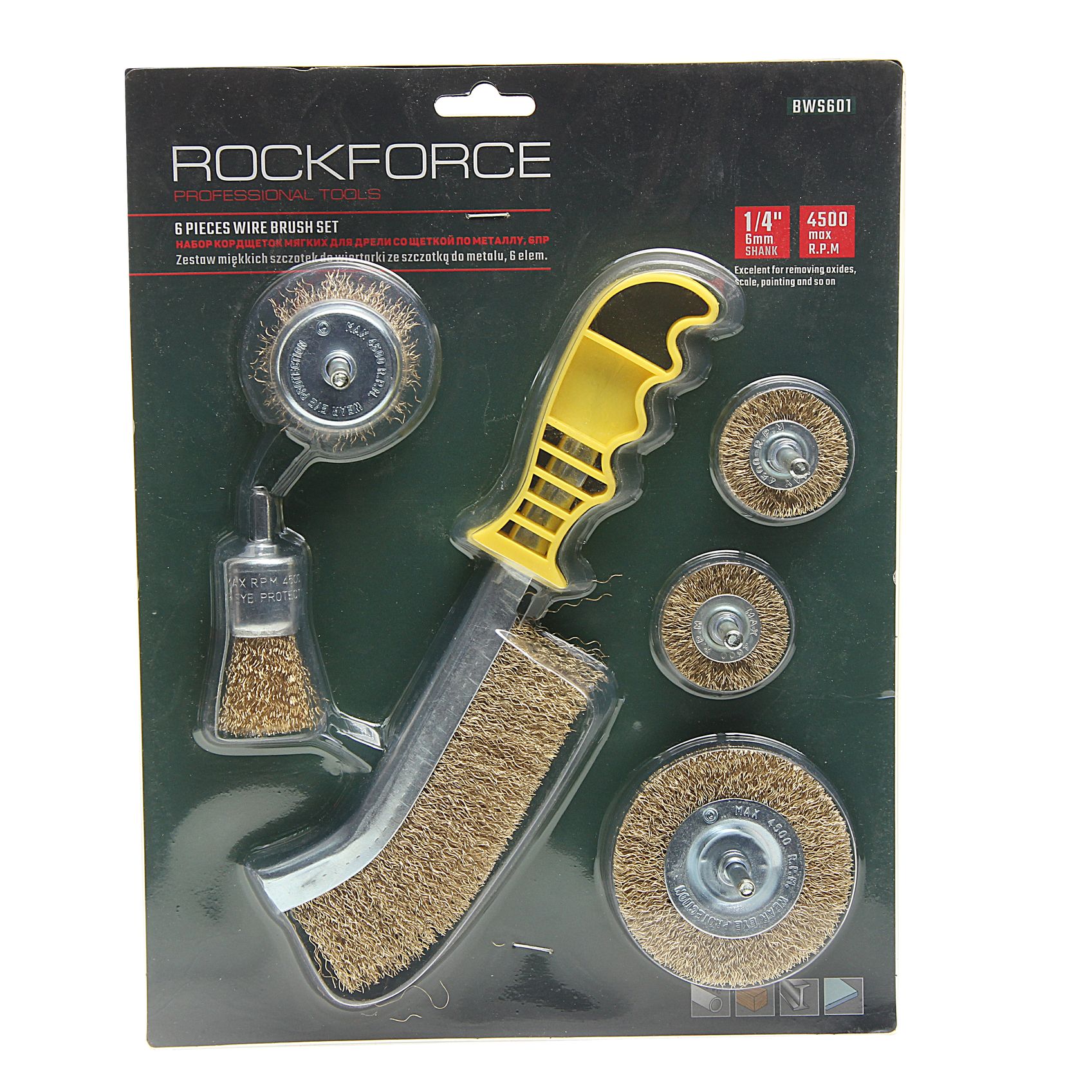 Набор кордщеток RF-BWS601 дисковых латунных для дрели+ручная, 6пр.(25,2штх38,50,75мм),в блистере  ROCKFORCE /1