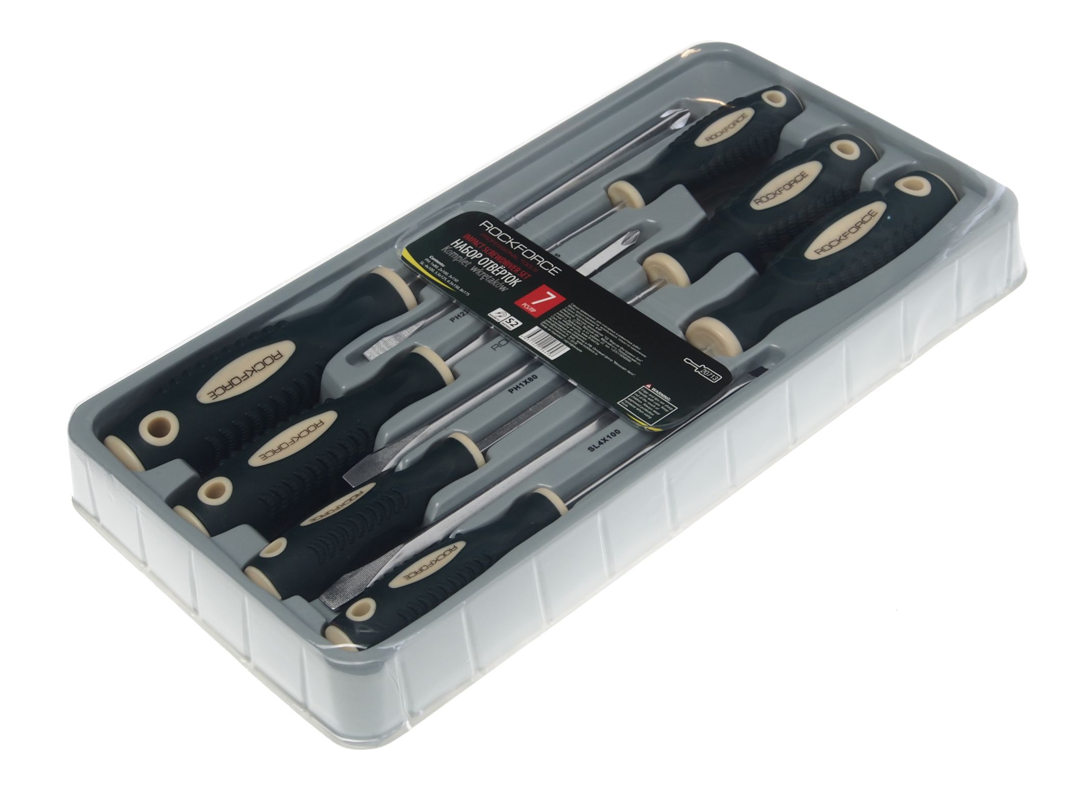 Набор отверток магнитных "Profi" S2, 7пр. (PH:1x80,2х100,3х150мм; SL:4x100, 5.5х125, 6.5х150, 8х175мм)в лотке ROCKFORCE /1