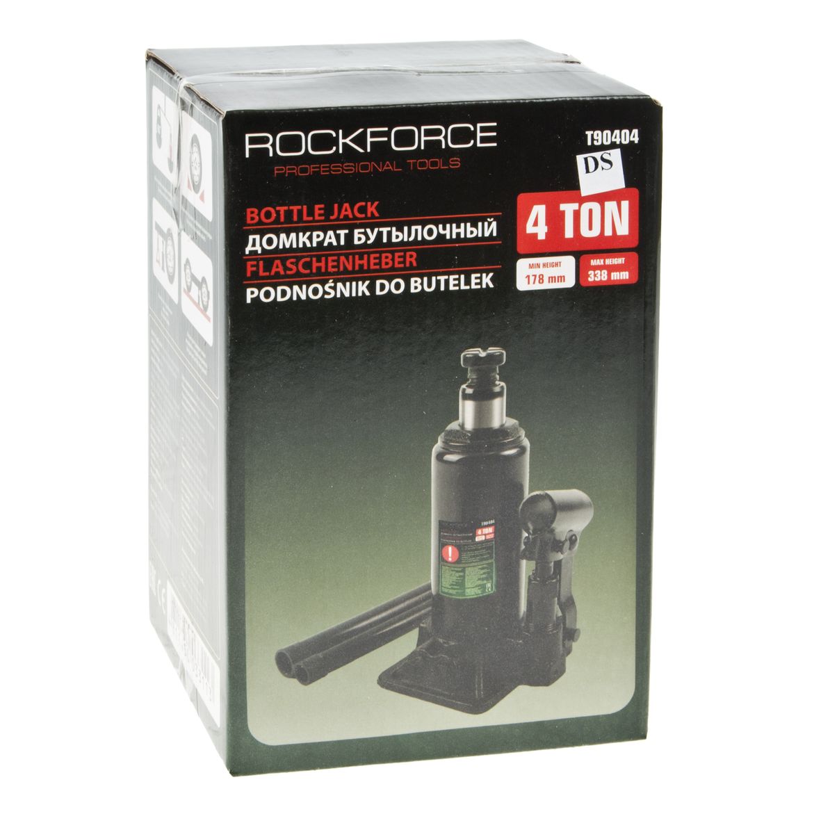 Домкрат гидравлический RF-T90404(DS) бутылочный с клапаном 4т (выс.подъема 178-338мм) ROCKFORCE /1/10