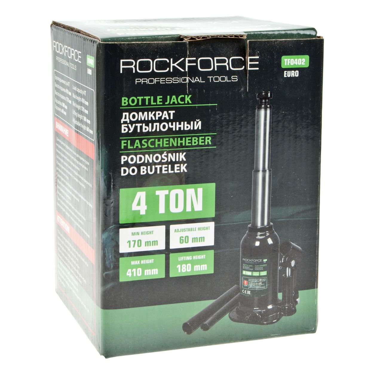 Домкрат гидравлический RF-TF0402EURO бутылочный с двумя штоками и клапаном 4т (выс.подъема 170-410мм) ROCKFORCE /1/4