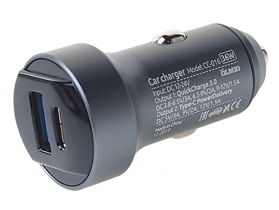 Устройство зарядное OLM-040231 в прикуриватель, 2USB, 6A + Quick Charge 3.0 и Power Delivery, 36W черный OLMIO /1/100