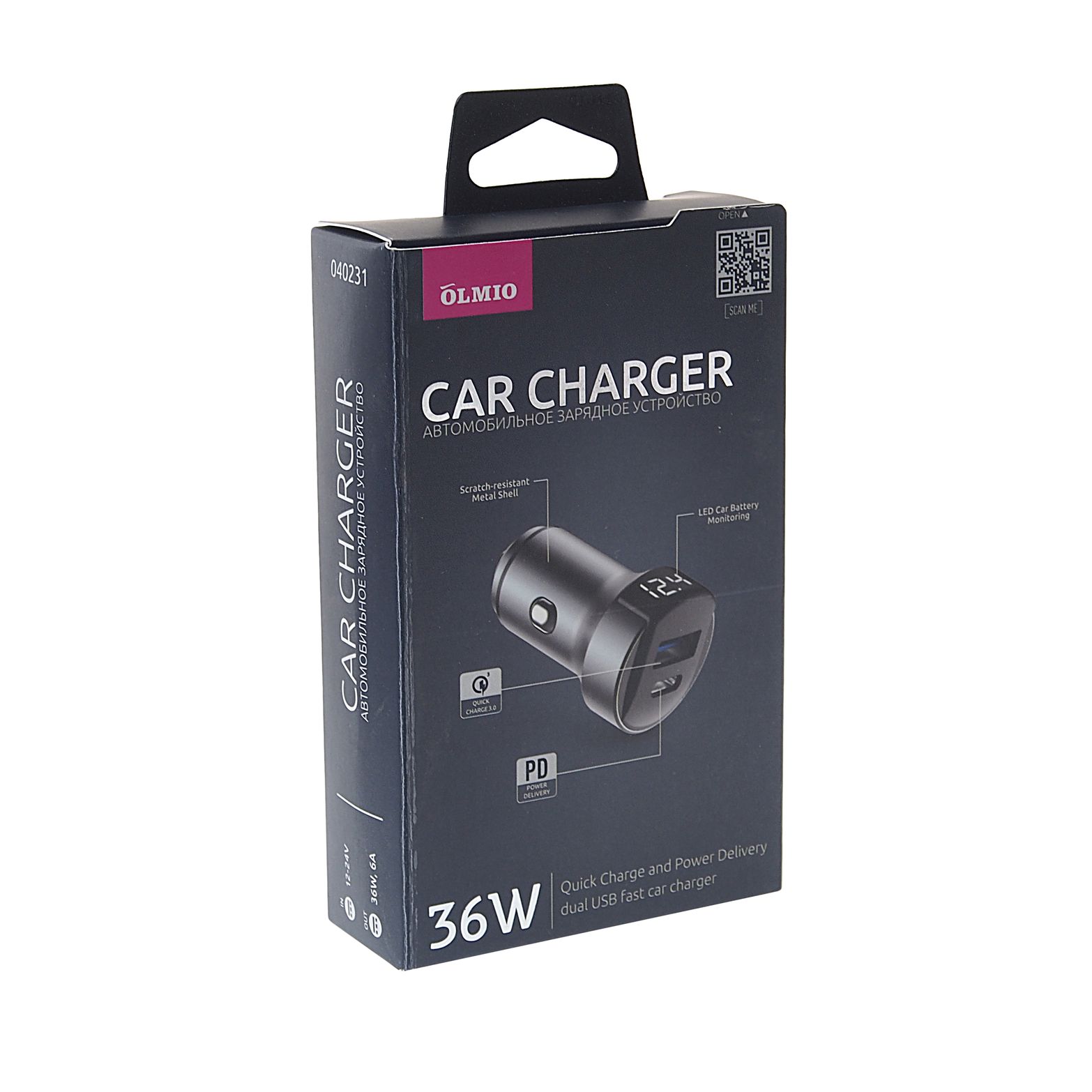 Устройство зарядное OLM-040231 в прикуриватель, 2USB, 6A + Quick Charge 3.0 и Power Delivery, 36W черный OLMIO /1/100