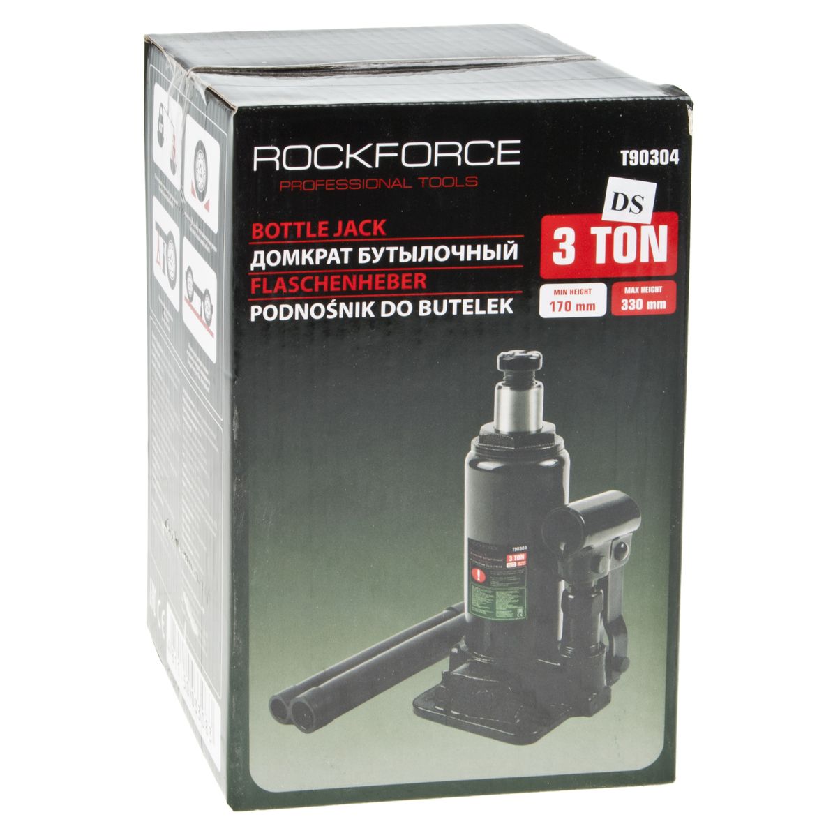 Домкрат гидравлический RF-T90304(DS) бутылочный с клапаном 3т (выс.подъема 170-330мм) ROCKFORCE /1/10