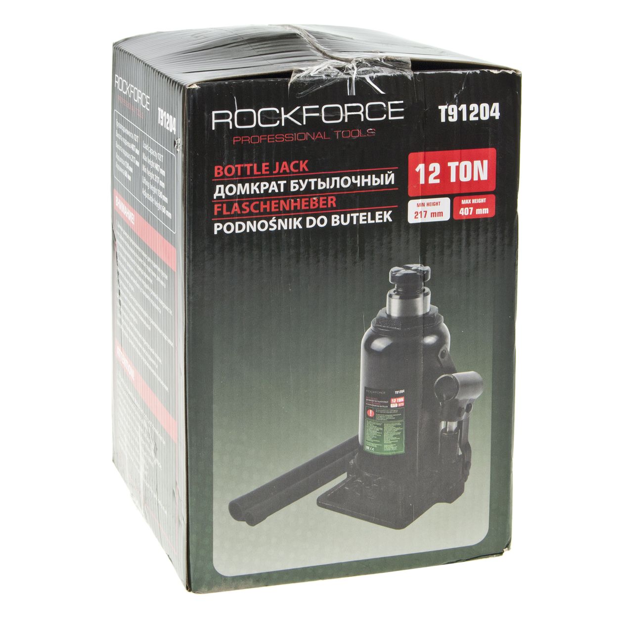 Домкрат гидравлический RF-T91204(DS) бутылочный с клапаном 12т (выс.подъема 217-407мм) ROCKFORCE /1/5