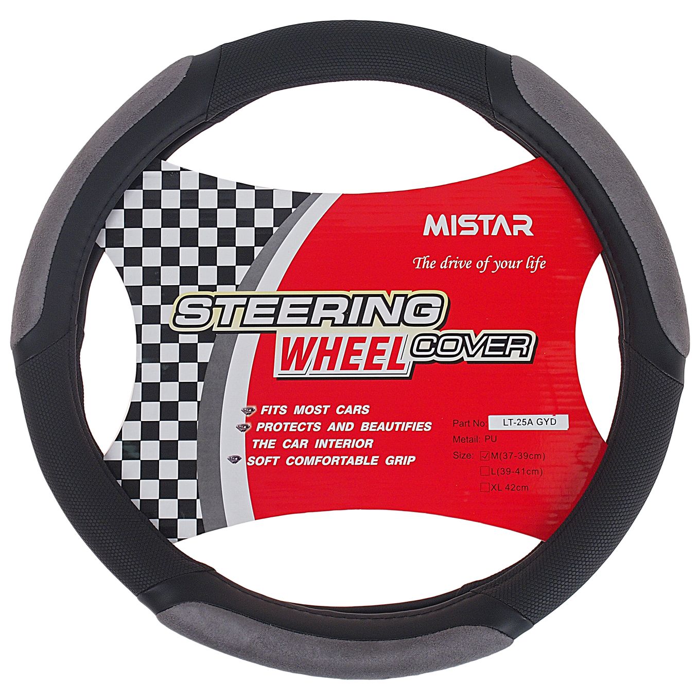 Оплетка руля MIS-LT-25A (M) BLACK/GREY кожа MISTAR /1/25