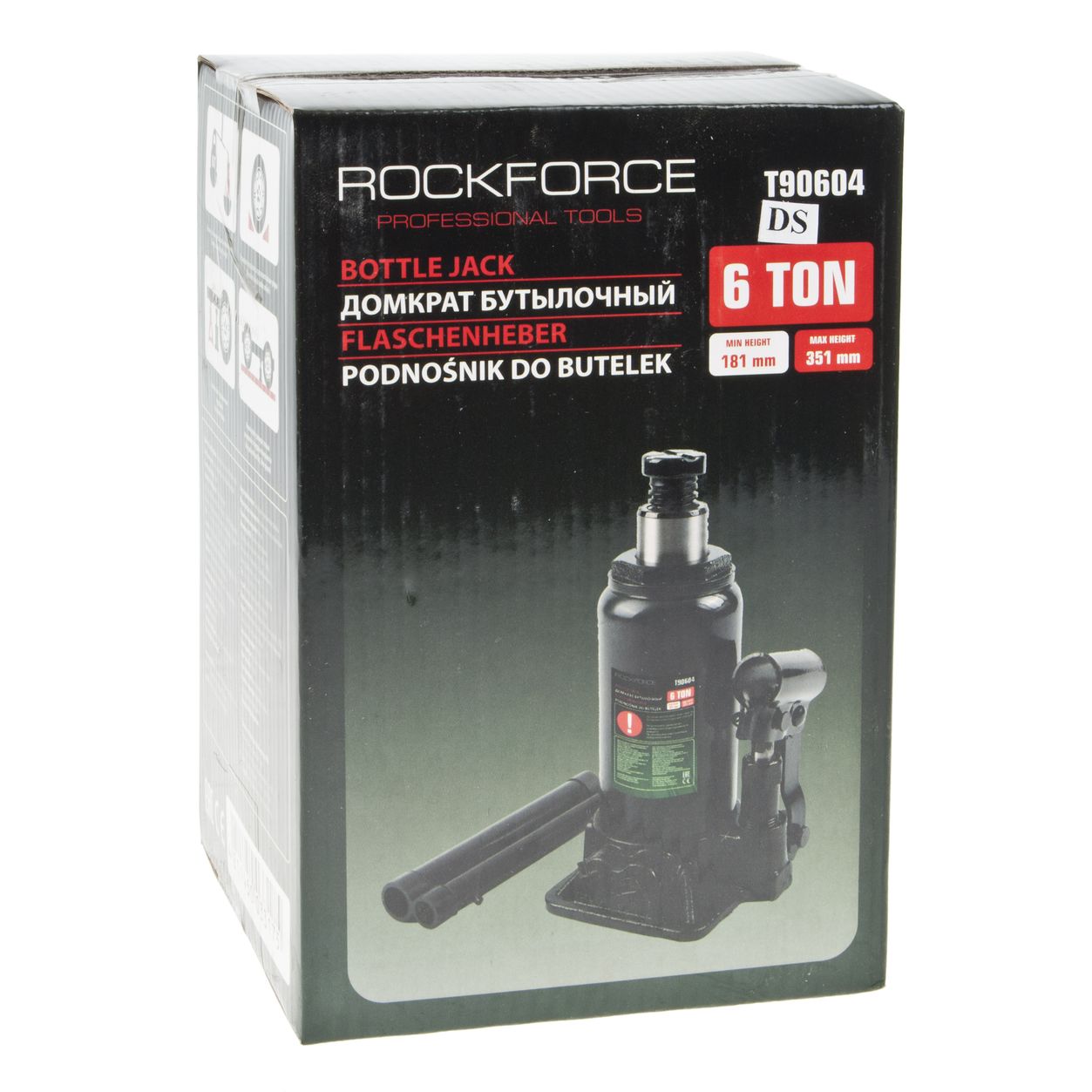 Домкрат гидравлический RF-T90604(DS) бутылочный с клапаном 6т (выс.подъема 181-351мм) ROCKFORCE /1/5