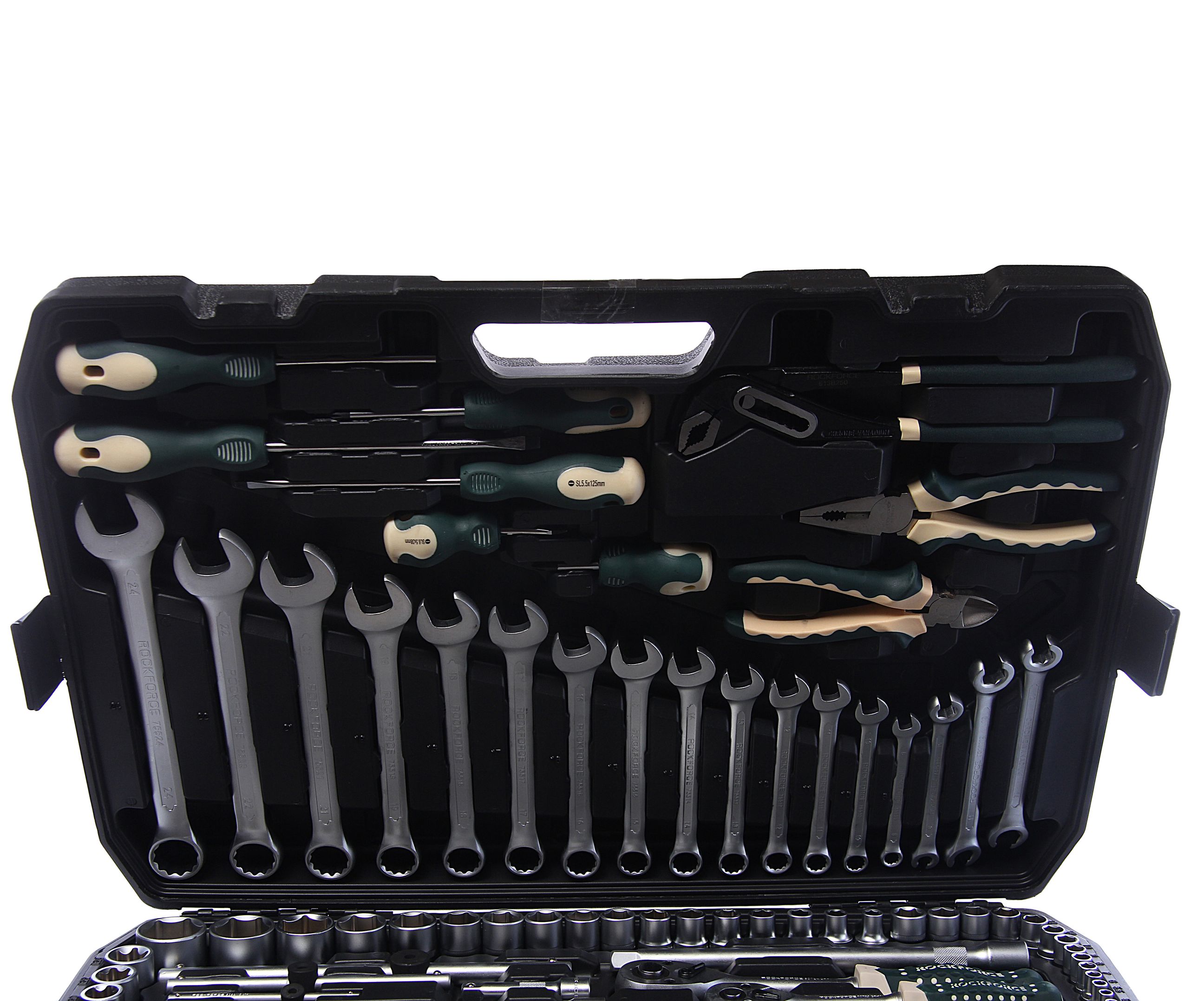 Набор инструмента RF-41802-5: 1/2"&1/4"&3/8"DR с 6-гранными головками 180пр.(пласт. кейс) ROCKFORCE /1/2