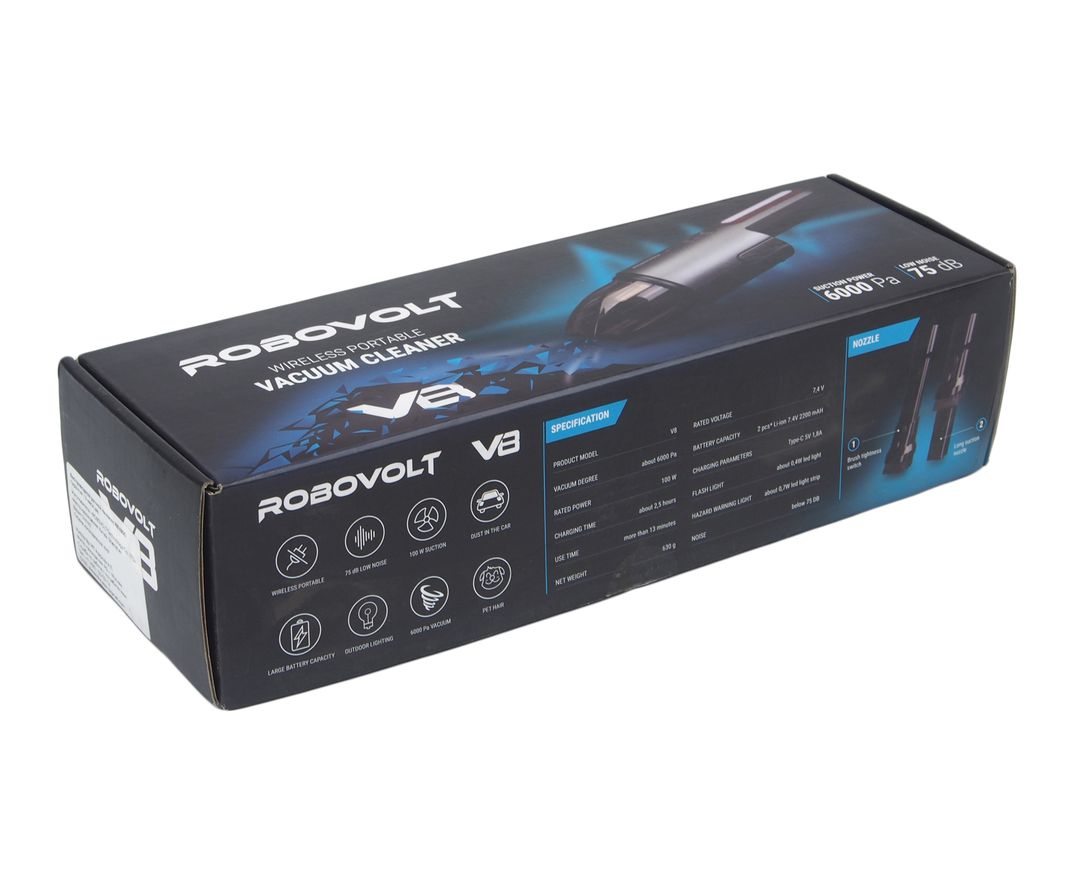 Пылесос беспроводной ROBOVOLT V8, портативный, 100W 6000Pa, (батарея 7.4V 2200 mA 2шт.), 2 насадки, LED фонарь, зарядка Type-C 5V 1,8A AUTOPROFI /1/20