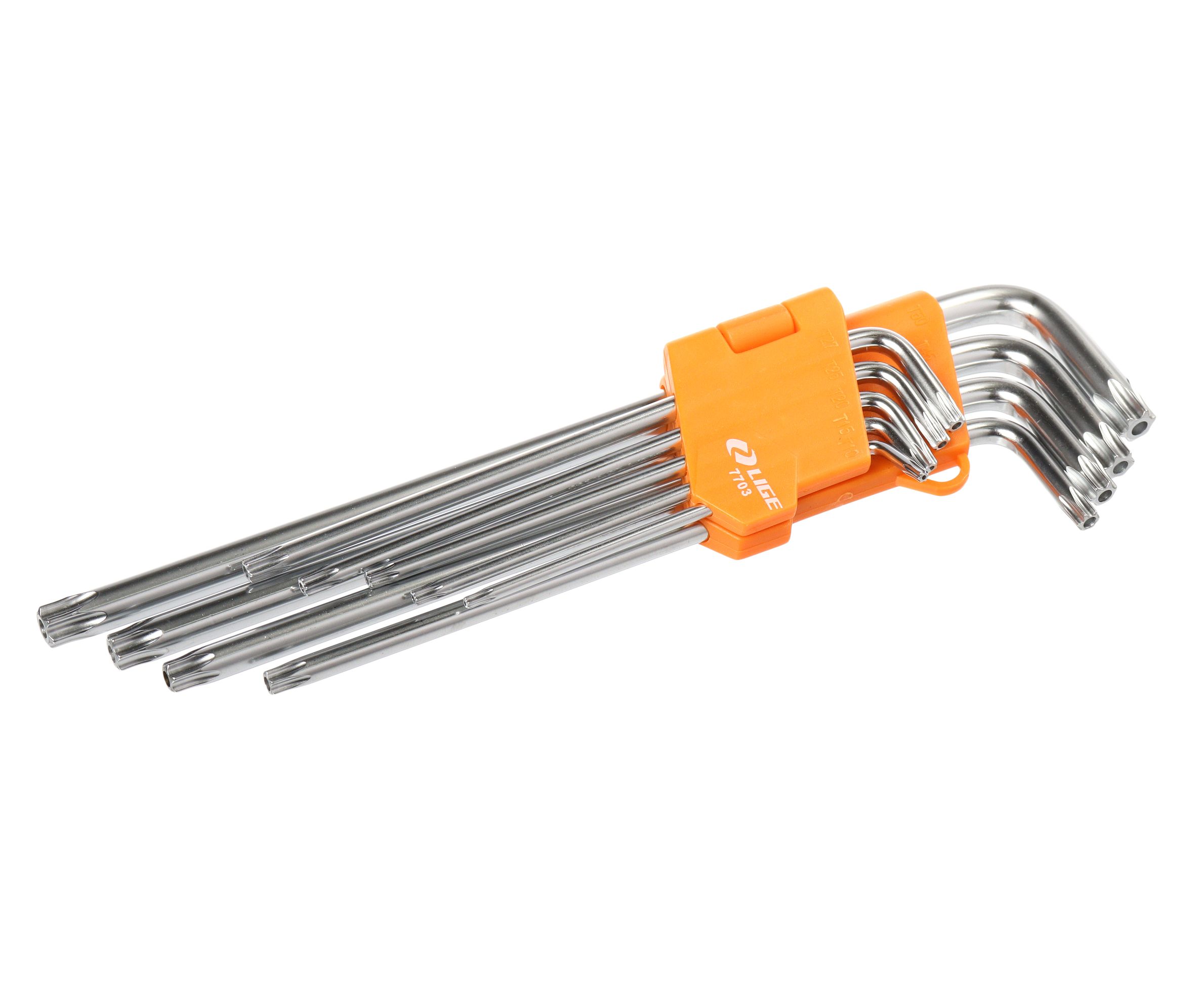 Набор ключей TORX Г-образных длинных 9пр. (T10H,T15H,T20H,T25H,T27H,T30H,T40H,T45H,T50H) в пластиковом держателе LG-7703 LIGE /1/30 NEW