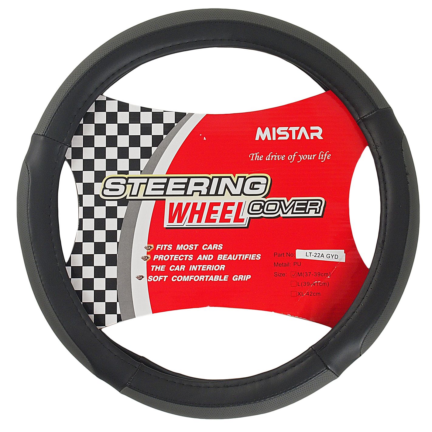 Оплетка руля MIS-LT-22A (M) BLACK/GREY кожа MISTAR /1/25