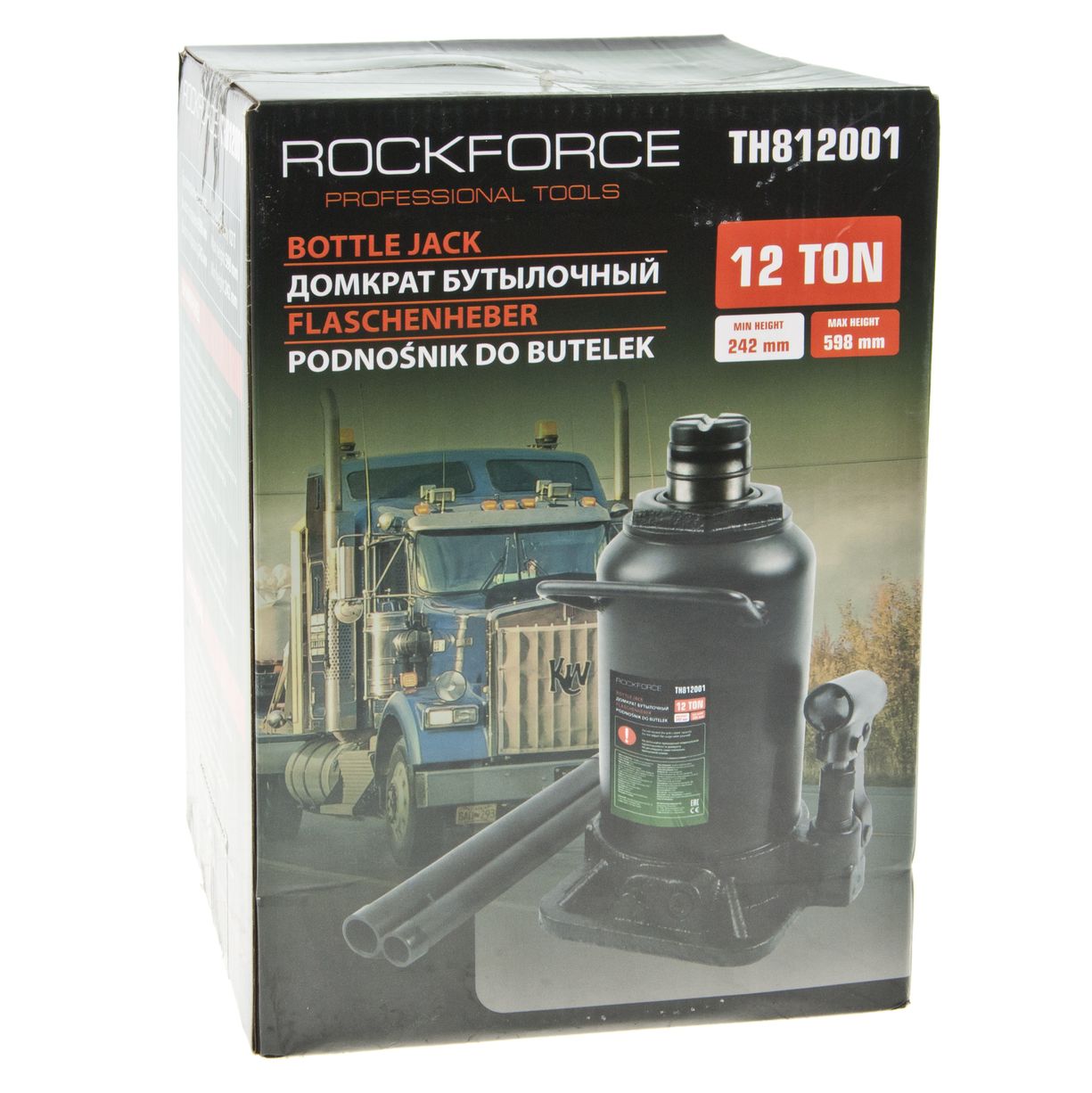 Домкрат гидравлический RF-TH812001 бутылочный с двумя штоками 12т (выс.подъема 242-598мм) ROCKFORCE /1/2