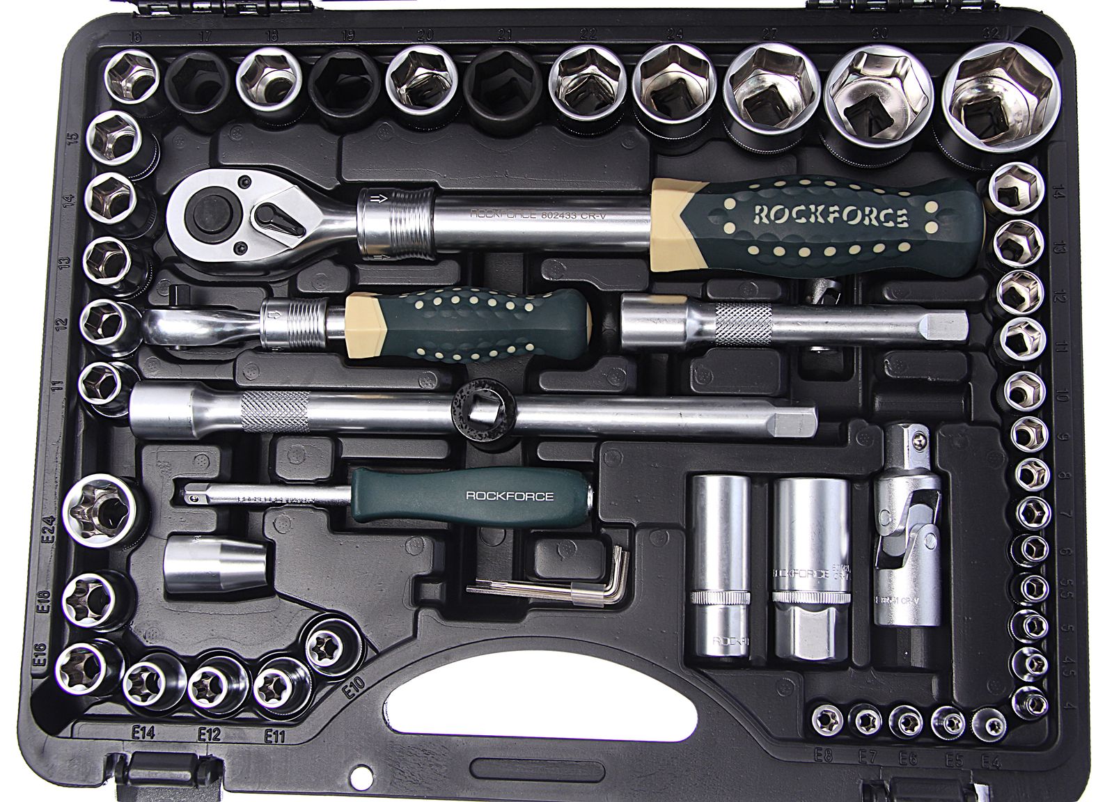 Набор торцевых головок и вставок RF-41082-5L: 1/2" & 1/4"DR 6-гранных с телескопическими трещотками 108пр. ROCKFORCE /1/3