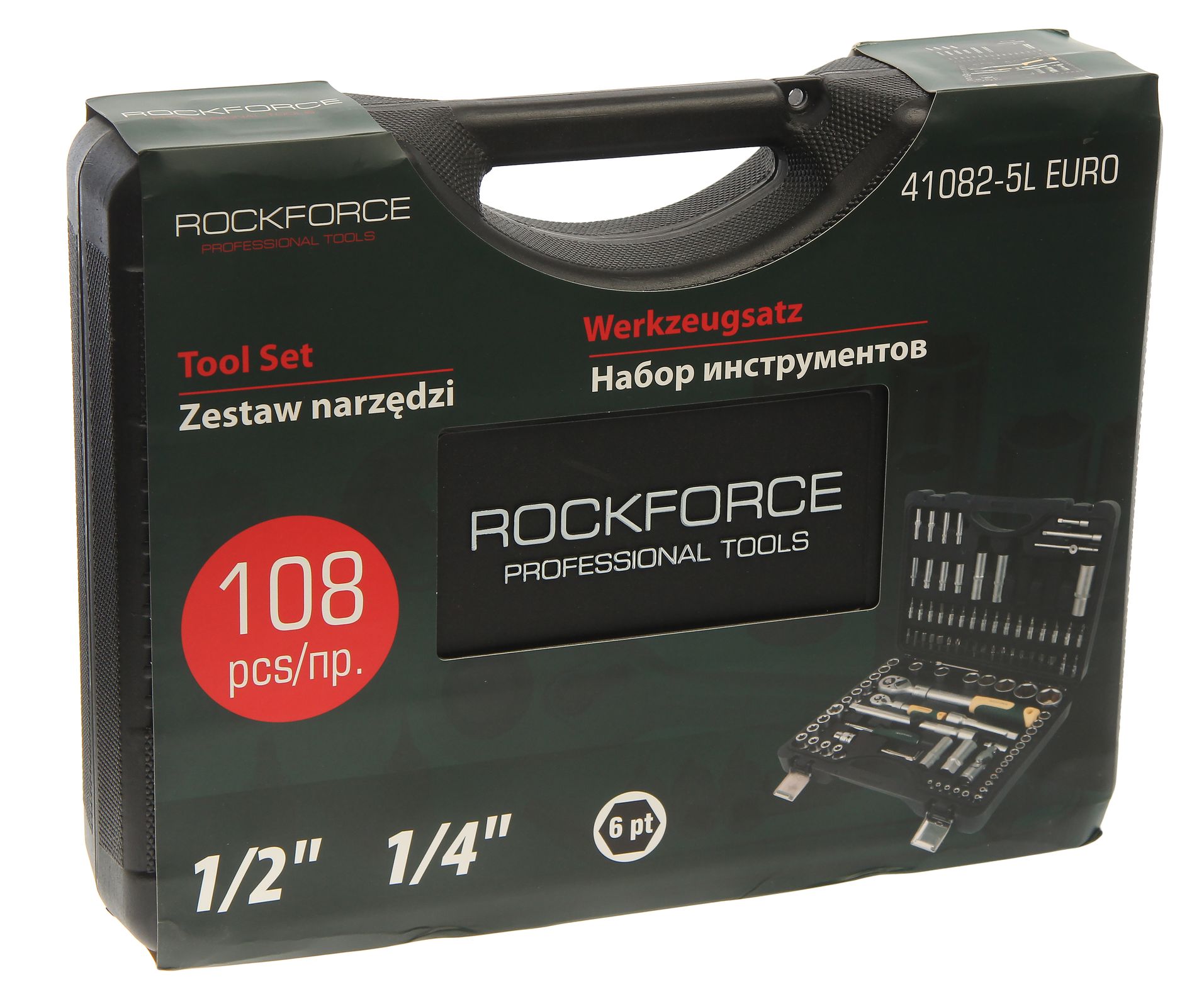 Набор торцевых головок и вставок RF-41082-5LEURO: 1/2" & 1/4"DR 6-гранных с телескопическими трещотками 108пр. ROCKFORCE /1/2