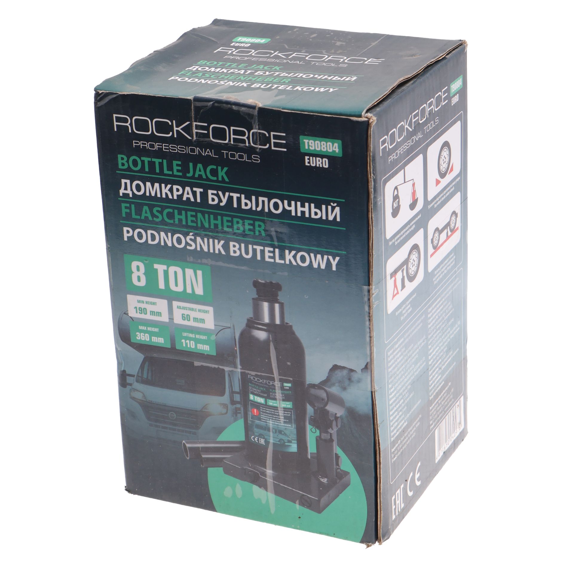 Домкрат гидравлический RF-T90804EURO бутылочный с клапаном 8т (выс.подъема 190-360мм) ROCKFORCE /1/4