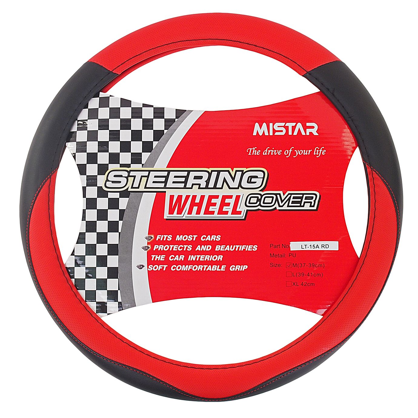 Оплетка руля MIS-LT15A (M) BLACK/RED кожа MISTAR /1/25