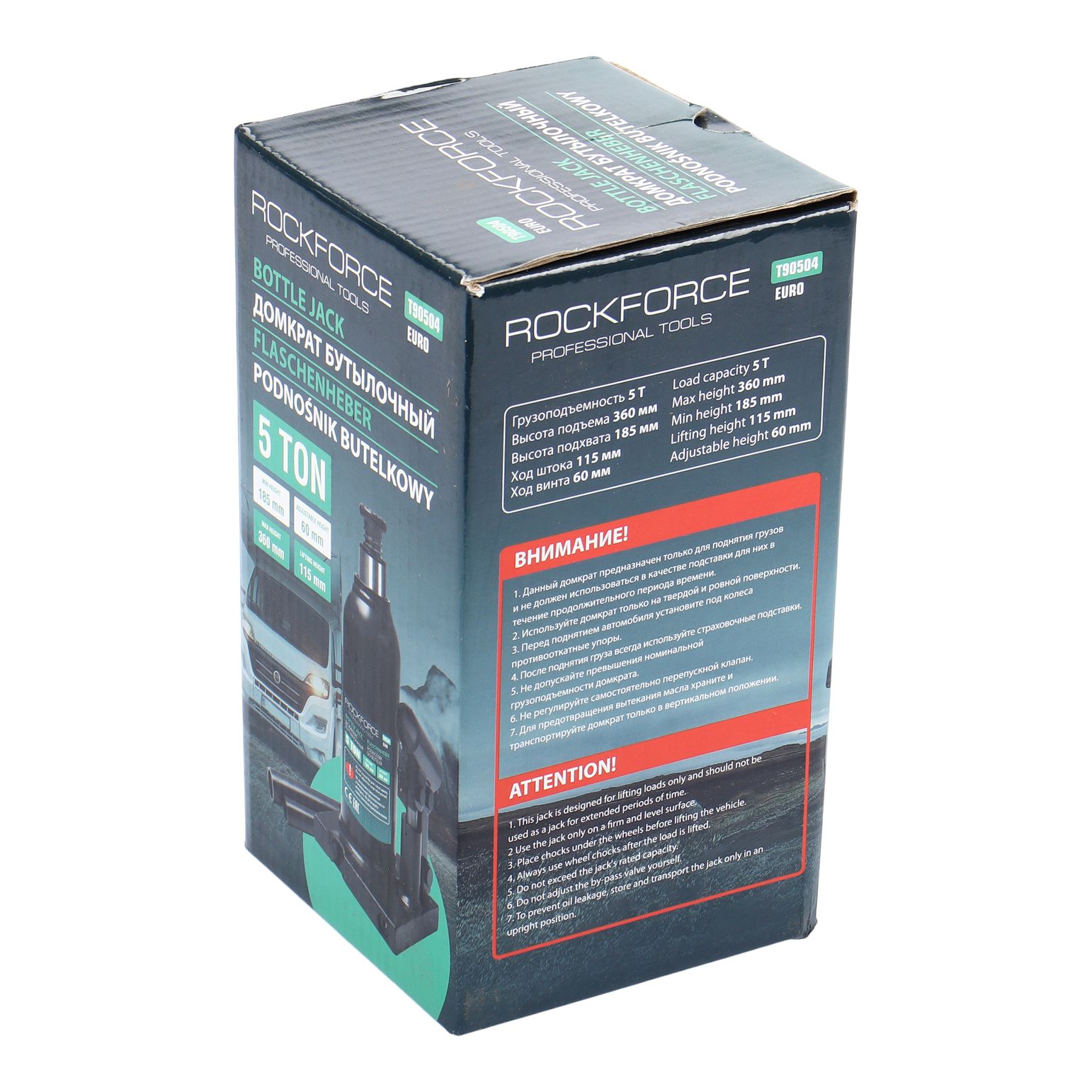Домкрат гидравлический RF-T90504EURO бутылочный с клапаном 5т (выс.подъема 185-360мм) ROCKFORCE /1/4