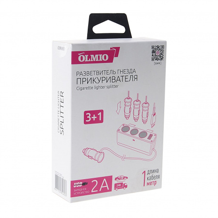 Разветвитель прикуривателя OLM-038888 3гнезда+1USB+провод-удлинитель, 2.1A OLMIO /1