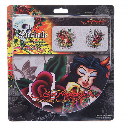 Шторка солнцезащитная EH-00638 "PIN UP DEVIL" на лобовое стекло, полиэстер 145х66см ED HARDY (США) /1/6