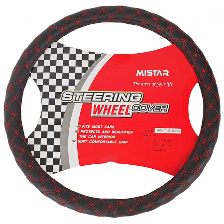 Оплетка руля MIS-2013LT05E(XL) BLACK/RED чёрная с двойной красной строчкой MISTAR /1/25