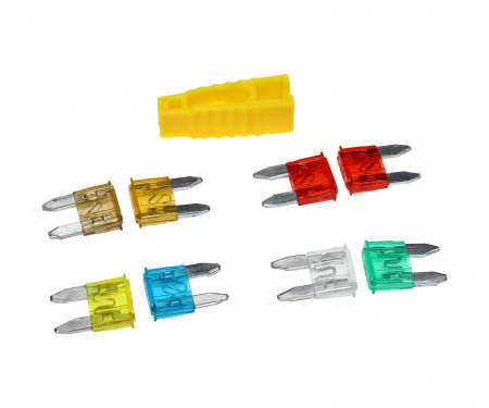 Набор флажковых предохранителей MINI с пинцетом 8шт. (5A, 7,5A, 2х10A, 15A, 20A, 25A, 30A) MEGA ELECTRIC /1/500/1000
