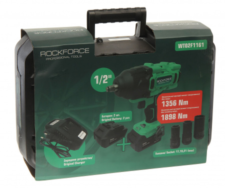 Гайковерт RF-WT02F1161 ударный аккумул. 1/2",головки17,19,21мм(2 БАТАРЕИ,20V,5.0AH LI-ION,1550об/мин,3 реж.усилия:130,400,1356Нм)в кейсе ROCKFORCE/1/4