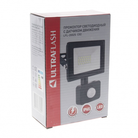 Прожектор UF-FL2002 LED SMD BLACK 20W 6500K 120х115мм с датчиком движения 220V ULTRA FLASH /1/40