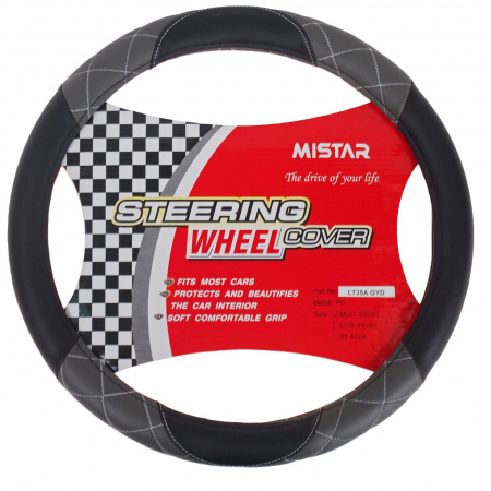 Оплетка руля MIS-LT35A (M) BLACK/GREY кожа MISTAR /1/25