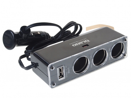 Разветвитель прикуривателя OLM-038888 3гнезда+1USB+провод-удлинитель, 2.1A OLMIO /1