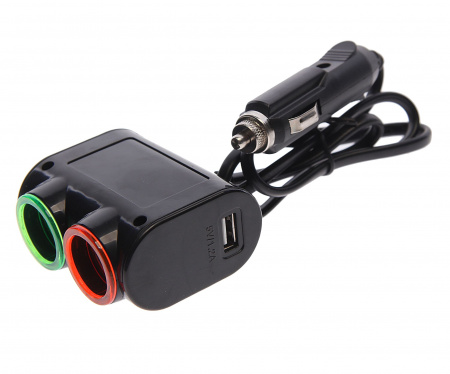 Разветвитель прикуривателя OLS-1631 BLACK на 2 гнезда + USB(3.1A) с удлинителем 0.8м 12V-24V OLESSON /1/60