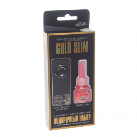 Ароматизатор воздуха SMGD-113 GOLD SLIM (альпийская свежесть+картридж бубль гум) на дефлектор, жидкостной 8мл FKVJP /1/40