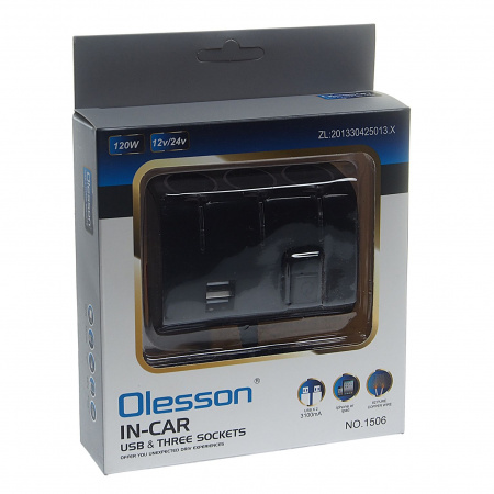 Разветвитель прикуривателя OLS-1506 BLACK на 3 гнезда + USB(3.1A) с удлинителем 0.8м 12V-24V OLESSON /1